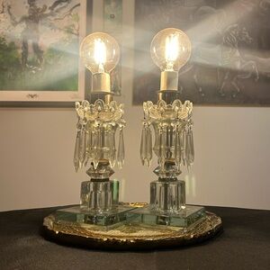 Set Of 2 Vintage Dangling Crystal Boudoir Lamps